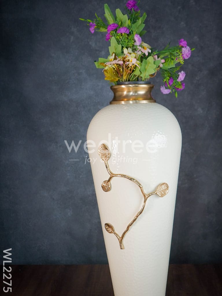 Metal Vase in White with Brass Antique Floral Embossing (29 inch) - WL2275