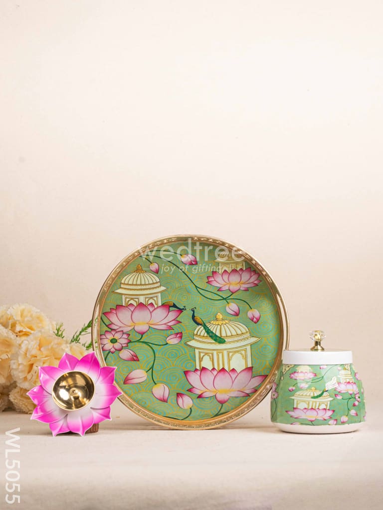 Mugal Art Themed Metal Tray with Dry Fruit Jar and Diya Set - WL5055 Metal Decor Utility