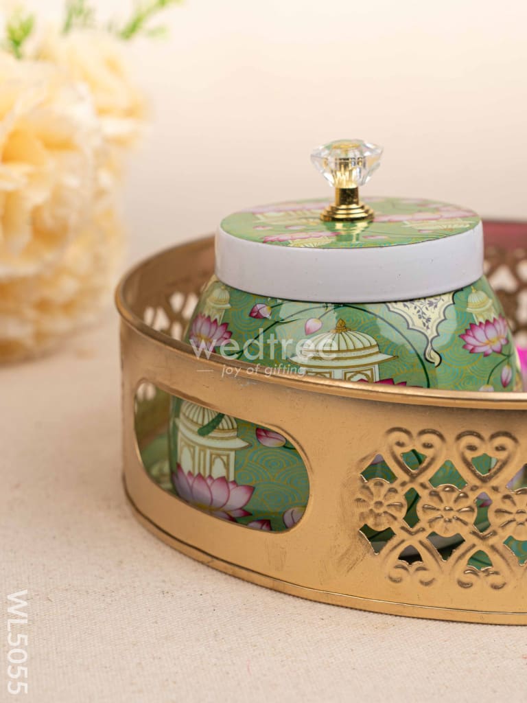 Mugal Art Themed Metal Tray with Dry Fruit Jar and Diya Set - WL5055 Metal Decor Utility
