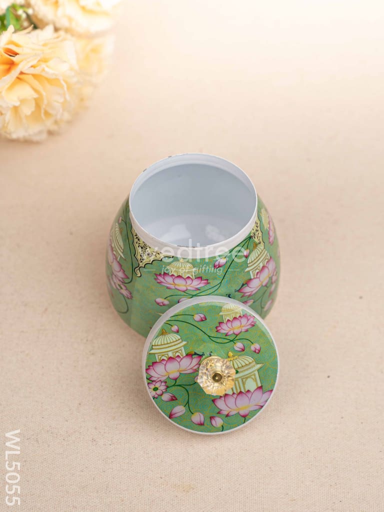 Mugal Art Themed Metal Tray with Dry Fruit Jar and Diya Set - WL5055 Metal Decor Utility