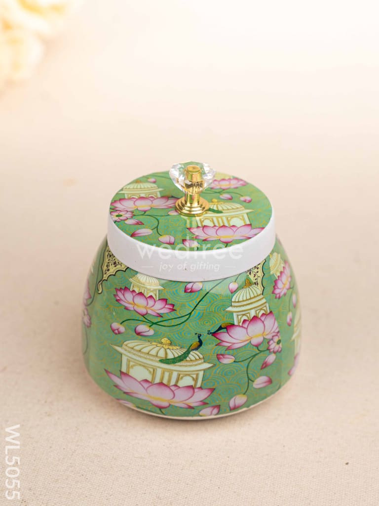 Mugal Art Themed Metal Tray with Dry Fruit Jar and Diya Set - WL5055 Metal Decor Utility