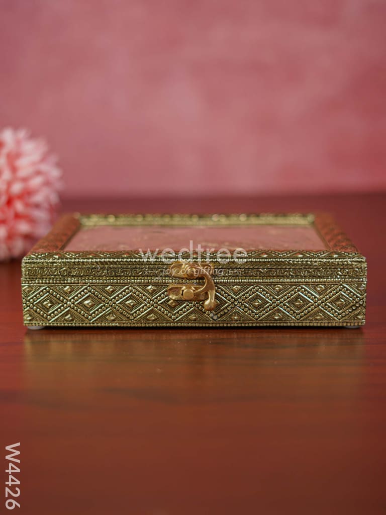 Oxidised dry fruit box with peacock embossing small - W4426