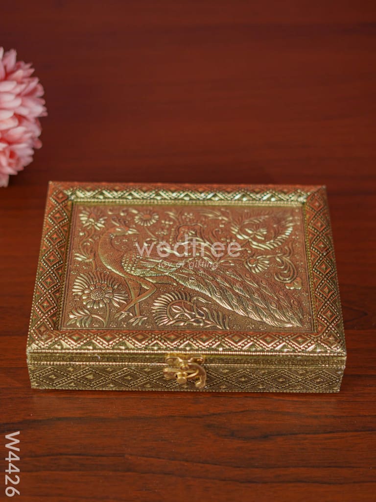 Oxidised dry fruit box with peacock embossing small - W4426