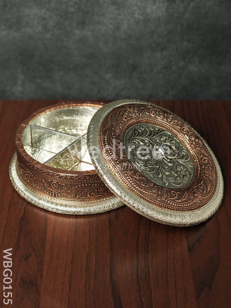 Oxidised Embossed Round Dry Fruit Box with Floral Design - WBG0155