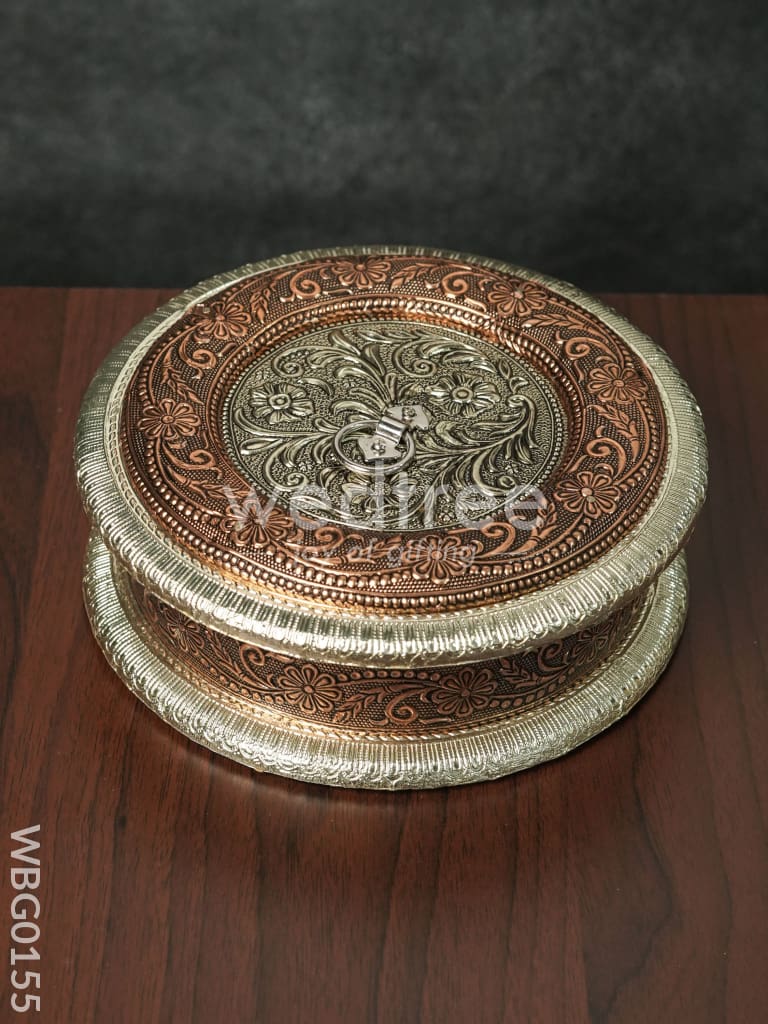 Oxidised Embossed Round Dry Fruit Box with Floral Design - WBG0155