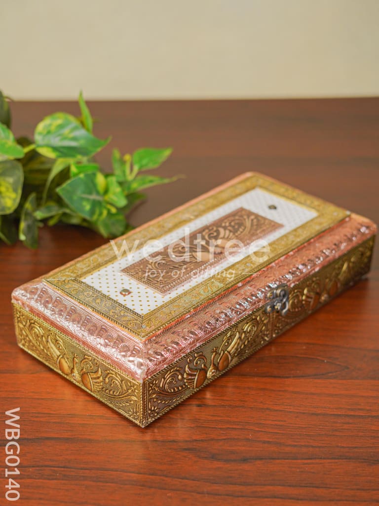 Oxidised Golden and Red Embossed Dry Fruit Box with Peacock and Floral Design - 12X6Inches - WBG0140