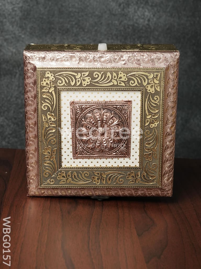 Oxidised Golden Embossed Dry Fruit Box with Floral and Peacock Design - 8X8 Inches - WBG0157
