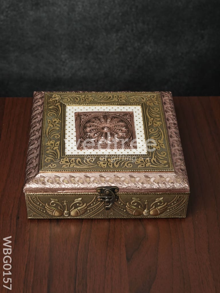 Oxidised Golden Embossed Dry Fruit Box with Floral and Peacock Design - 8X8 Inches - WBG0157