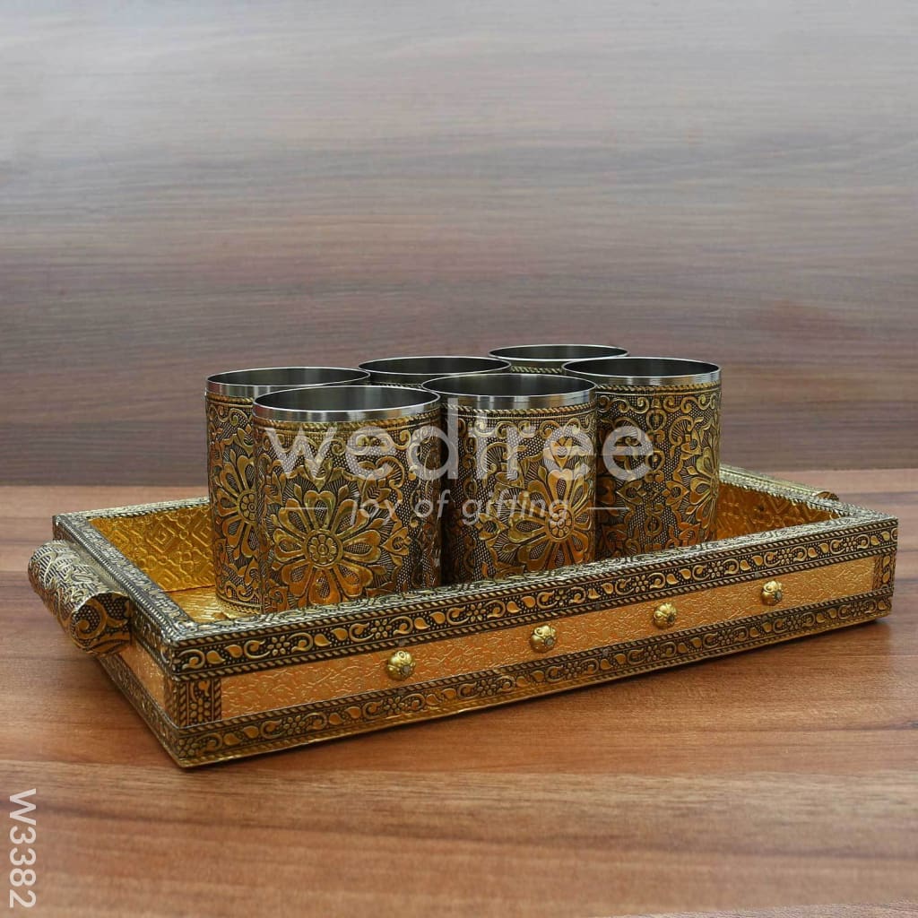 Oxidised tray with 6 glass - W3382