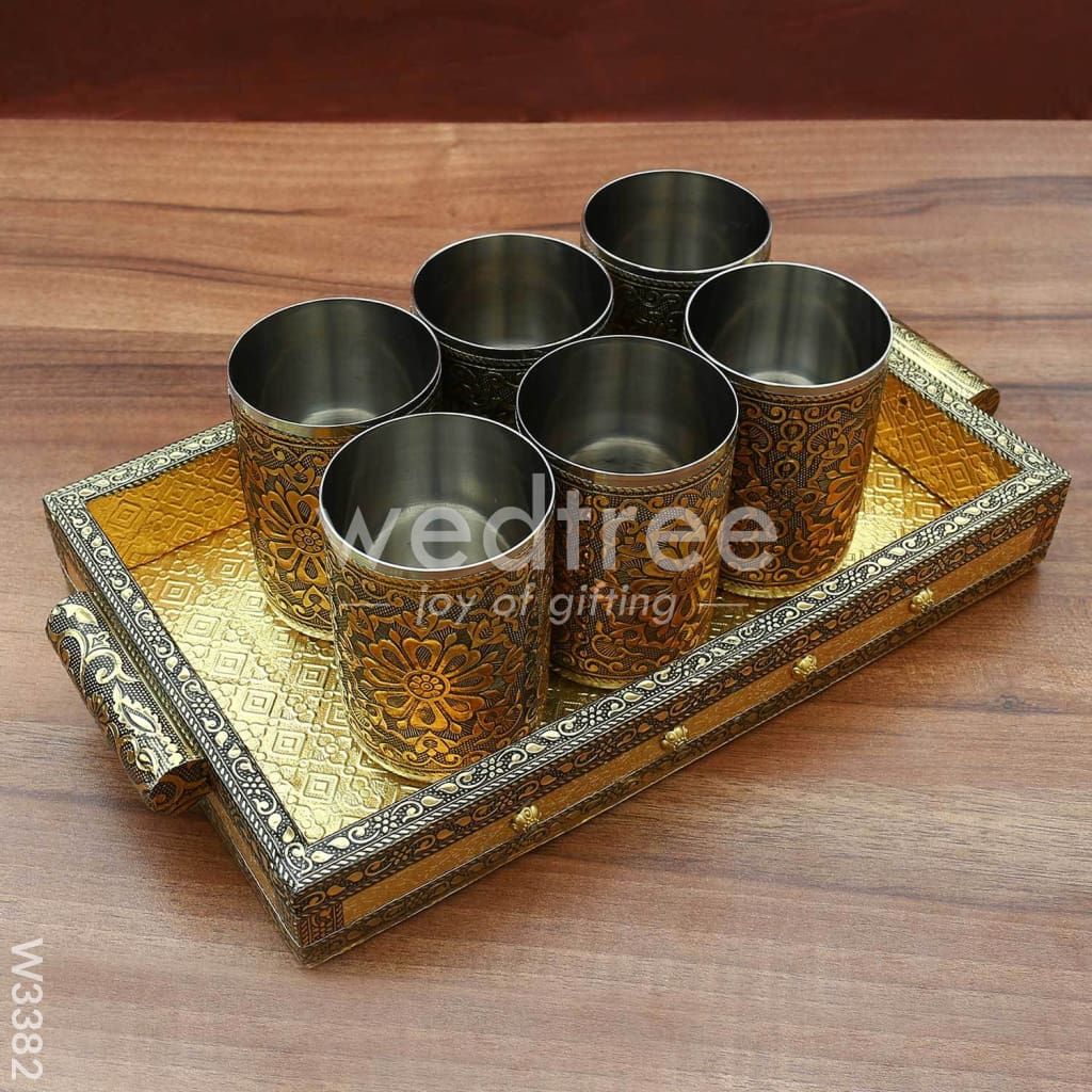 Oxidised tray with 6 glass - W3382