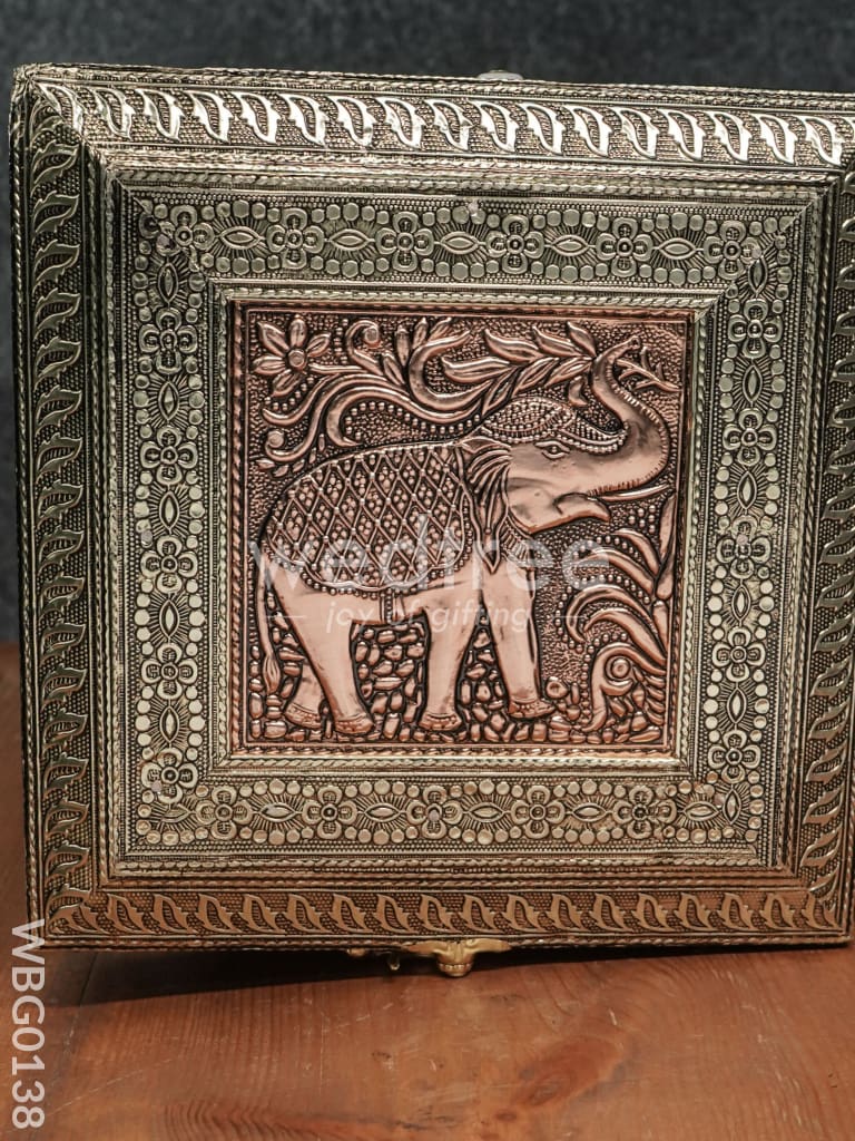 Oxidized Golden and Red Embossed Dry Fruit Box with Elephant and Floral Design - 8X8 Inches - WBG0138