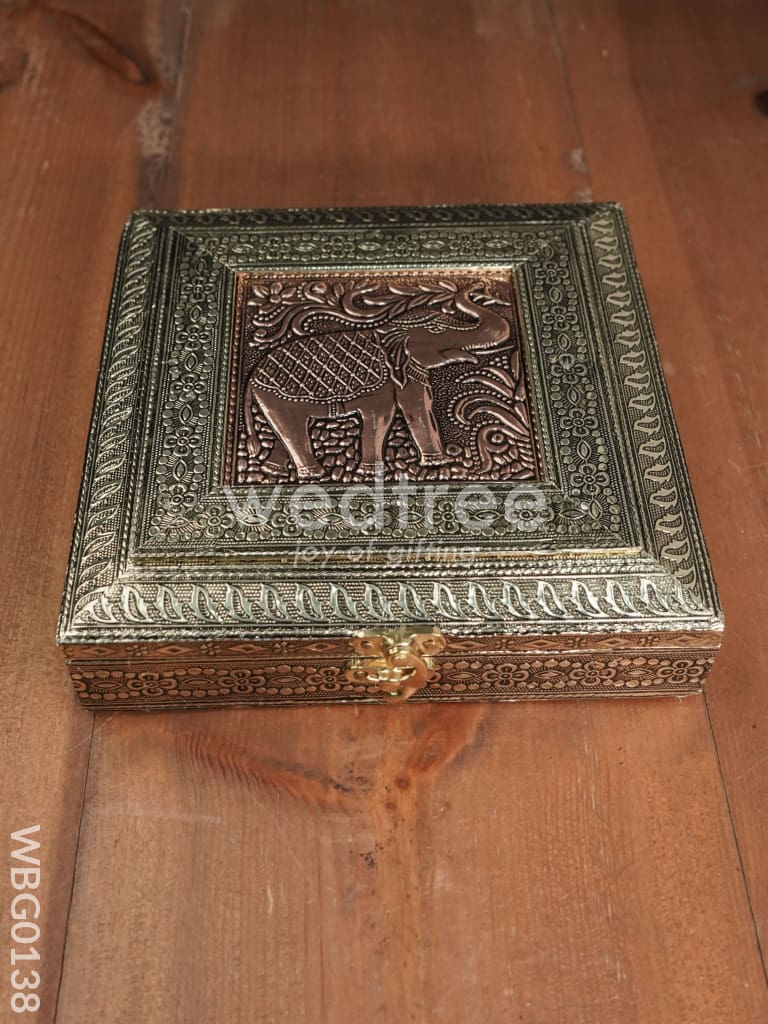 Oxidized Golden and Red Embossed Dry Fruit Box with Elephant and Floral Design - 8X8 Inches - WBG0138