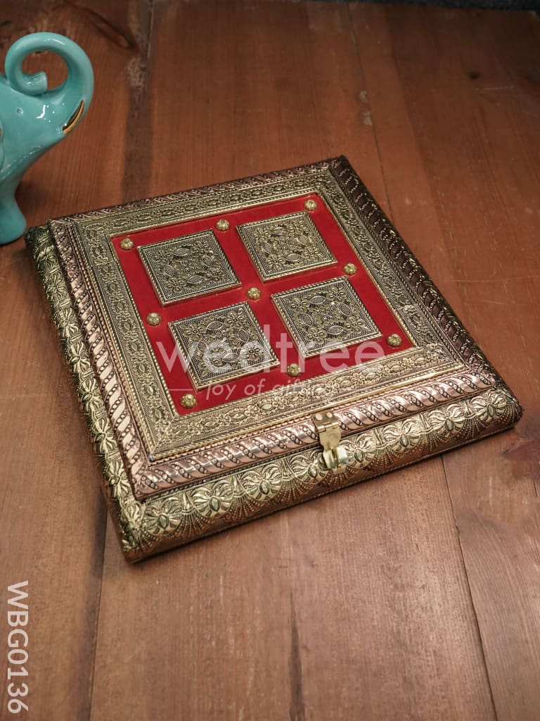 Oxidized Golden and Red Embossed Dry Fruit Box with Floral Design - 10X10 Inches - WBG0136