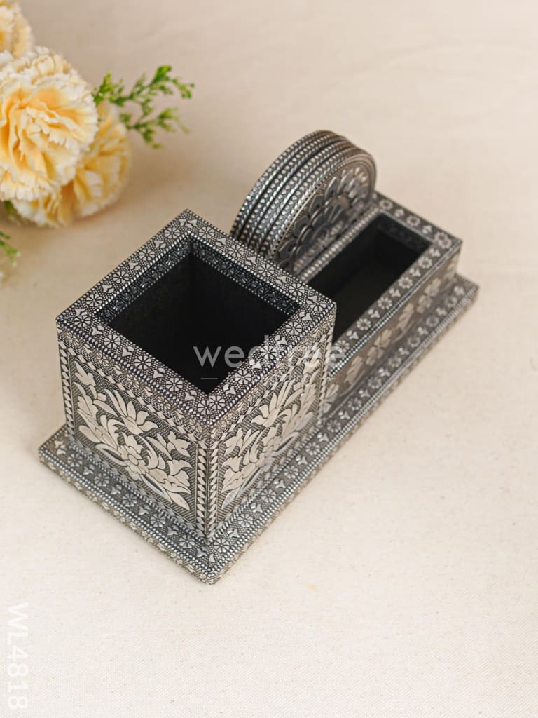 Oxidized Pen Stand with Coaster - Set of 4 - WL4818