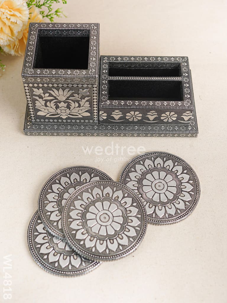 Oxidized Pen Stand with Coaster - Set of 4 - WL4818