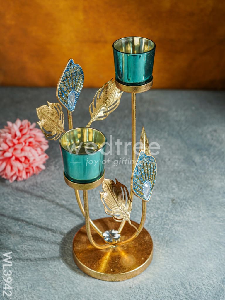 Peacock Feather Stand with 2 Glass T-light Holders - WL3942