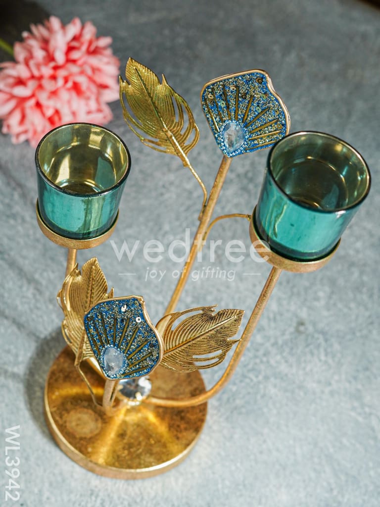 Peacock Feather Stand with 2 Glass T-light Holders - WL3942