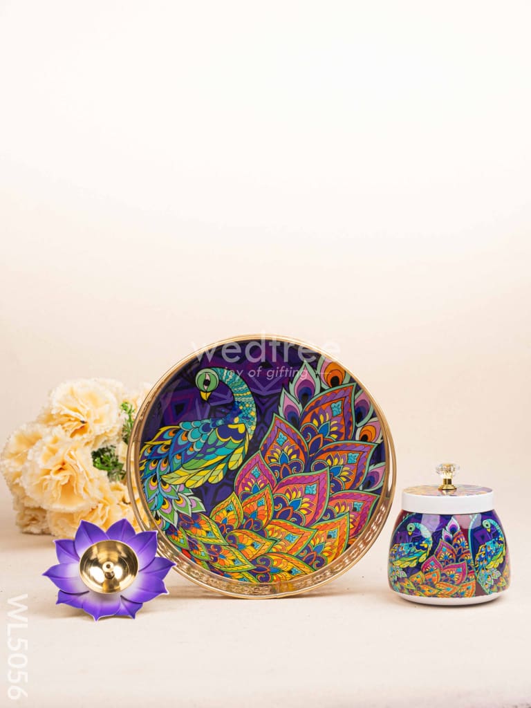 Peacock Themed Metal Tray with Dry Fruit Jar and Diya Set - WL5056 Metal Decor Utility