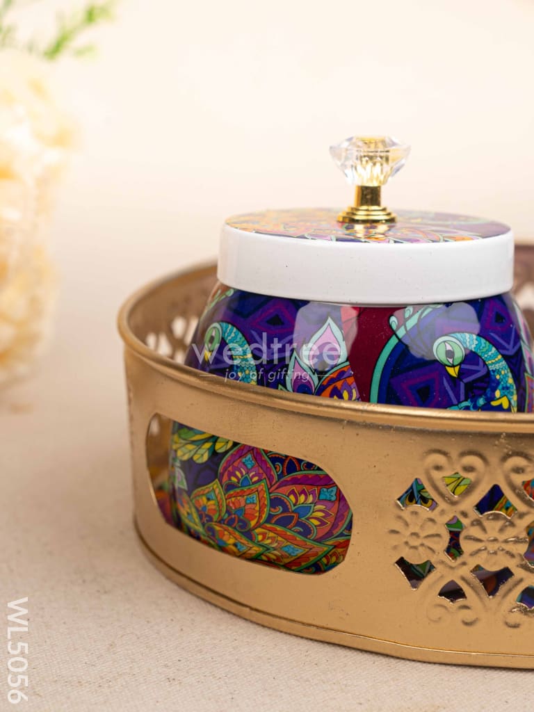 Peacock Themed Metal Tray with Dry Fruit Jar and Diya Set - WL5056 Metal Decor Utility