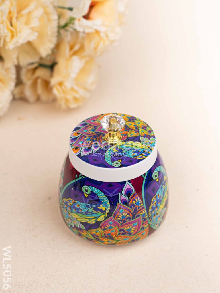 Peacock Themed Metal Tray with Dry Fruit Jar and Diya Set - WL5056 Metal Decor Utility