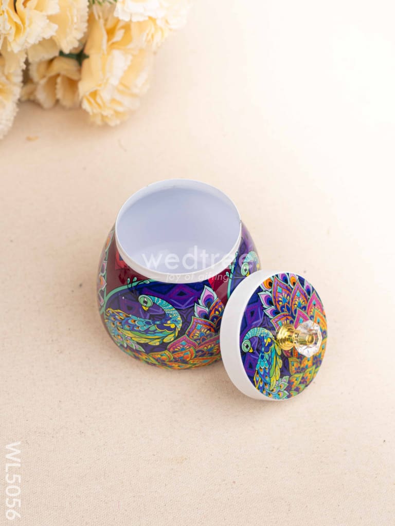 Peacock Themed Metal Tray with Dry Fruit Jar and Diya Set - WL5056 Metal Decor Utility
