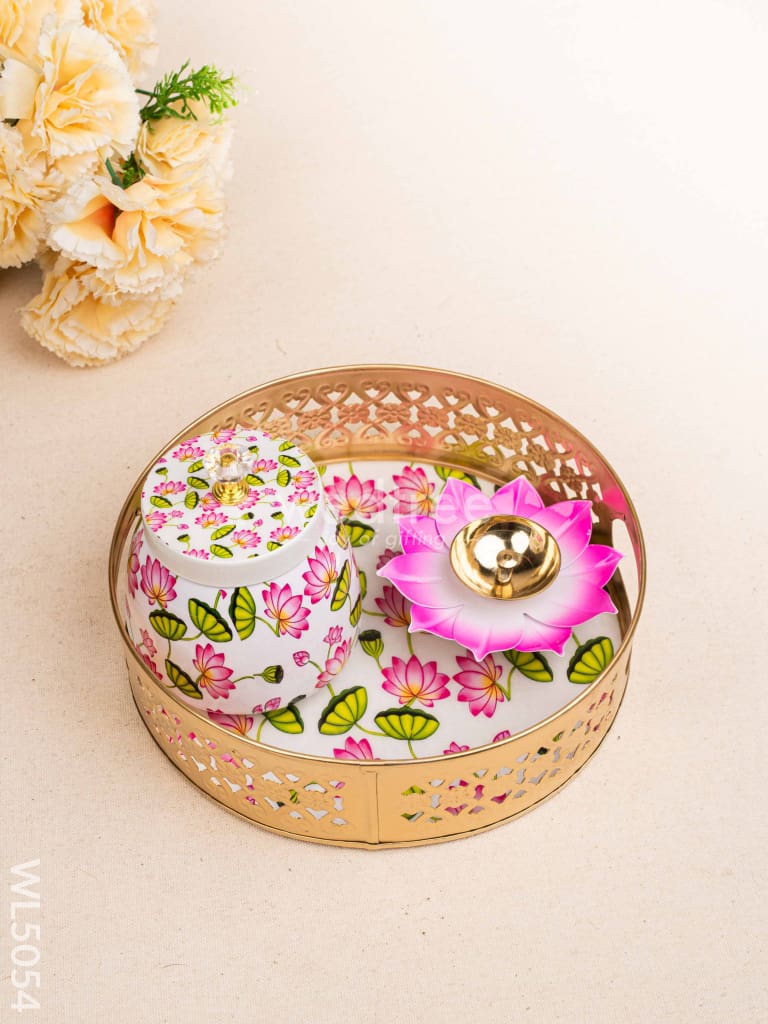 Pichwai Themed Metal Tray with Dry Fruit Jar and Diya Set - WL5054 Metal Decor Utility