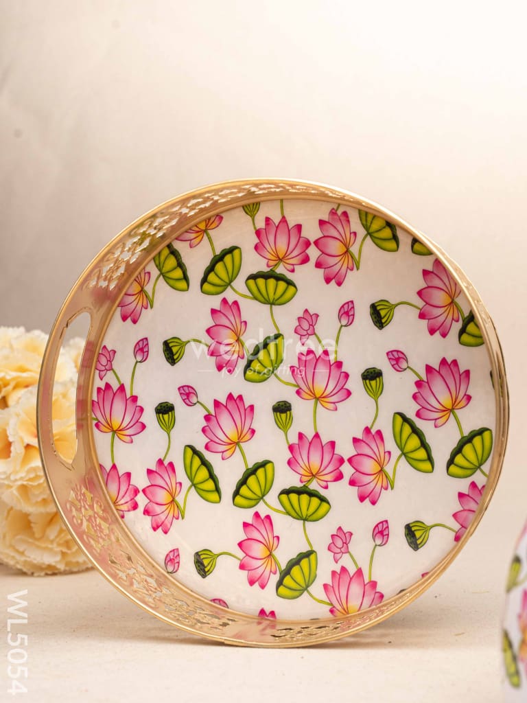 Pichwai Themed Metal Tray with Dry Fruit Jar and Diya Set - WL5054 Metal Decor Utility