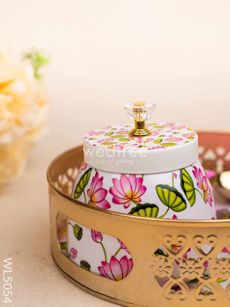 Pichwai Themed Metal Tray with Dry Fruit Jar and Diya Set - WL5054 Metal Decor Utility