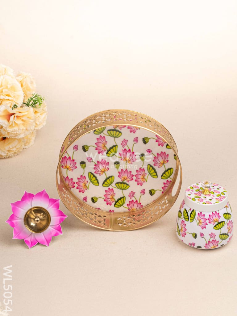 Pichwai Themed Metal Tray with Dry Fruit Jar and Diya Set - WL5054 Metal Decor Utility