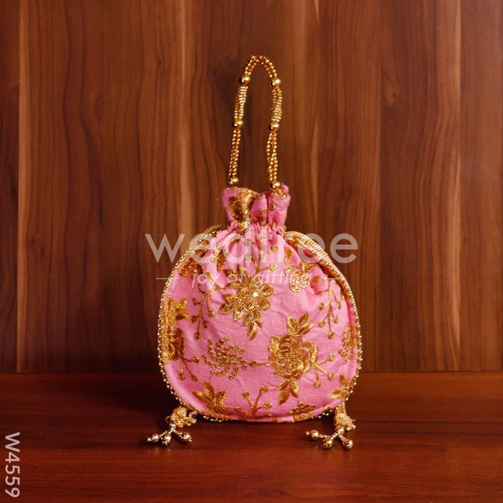 Potli bag raw silk with golden thread embroidery - W4559