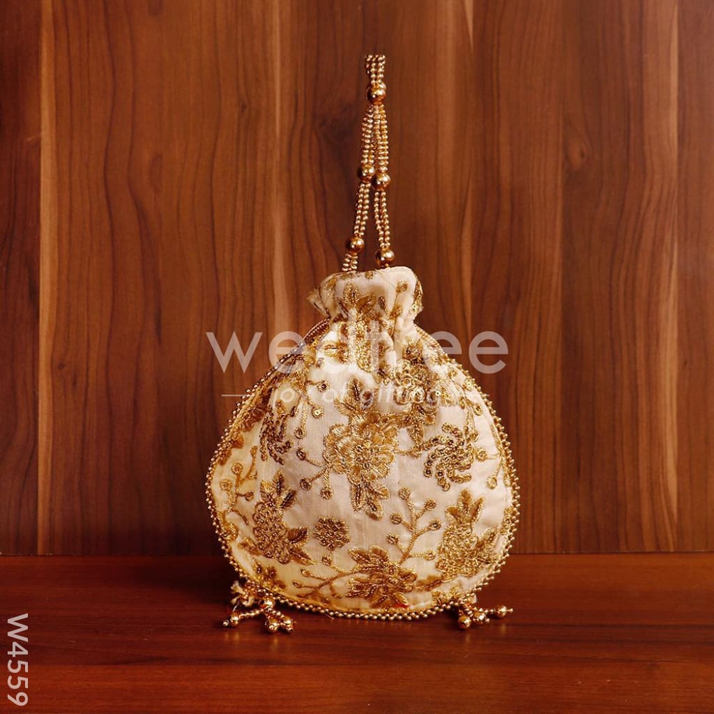 Potli bag raw silk with golden thread embroidery - W4559