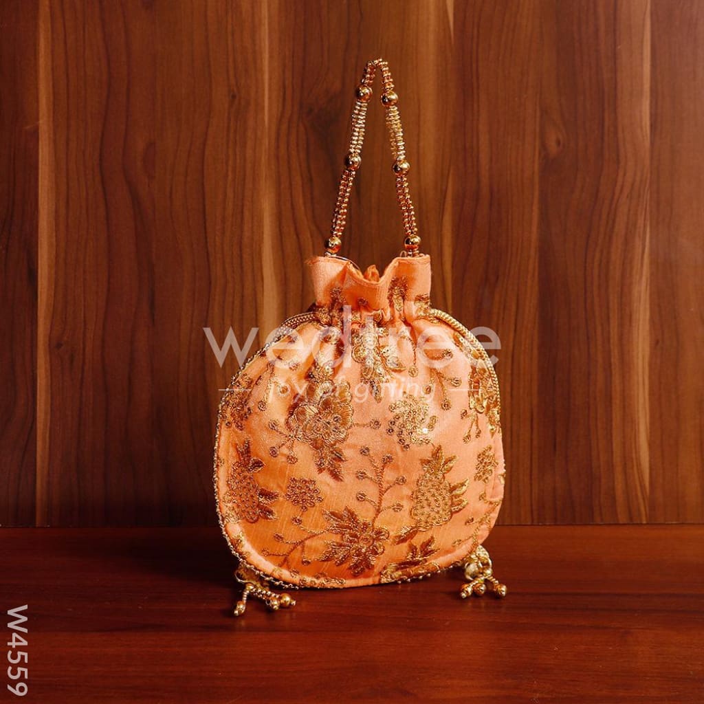 Potli bag raw silk with golden thread embroidery - W4559