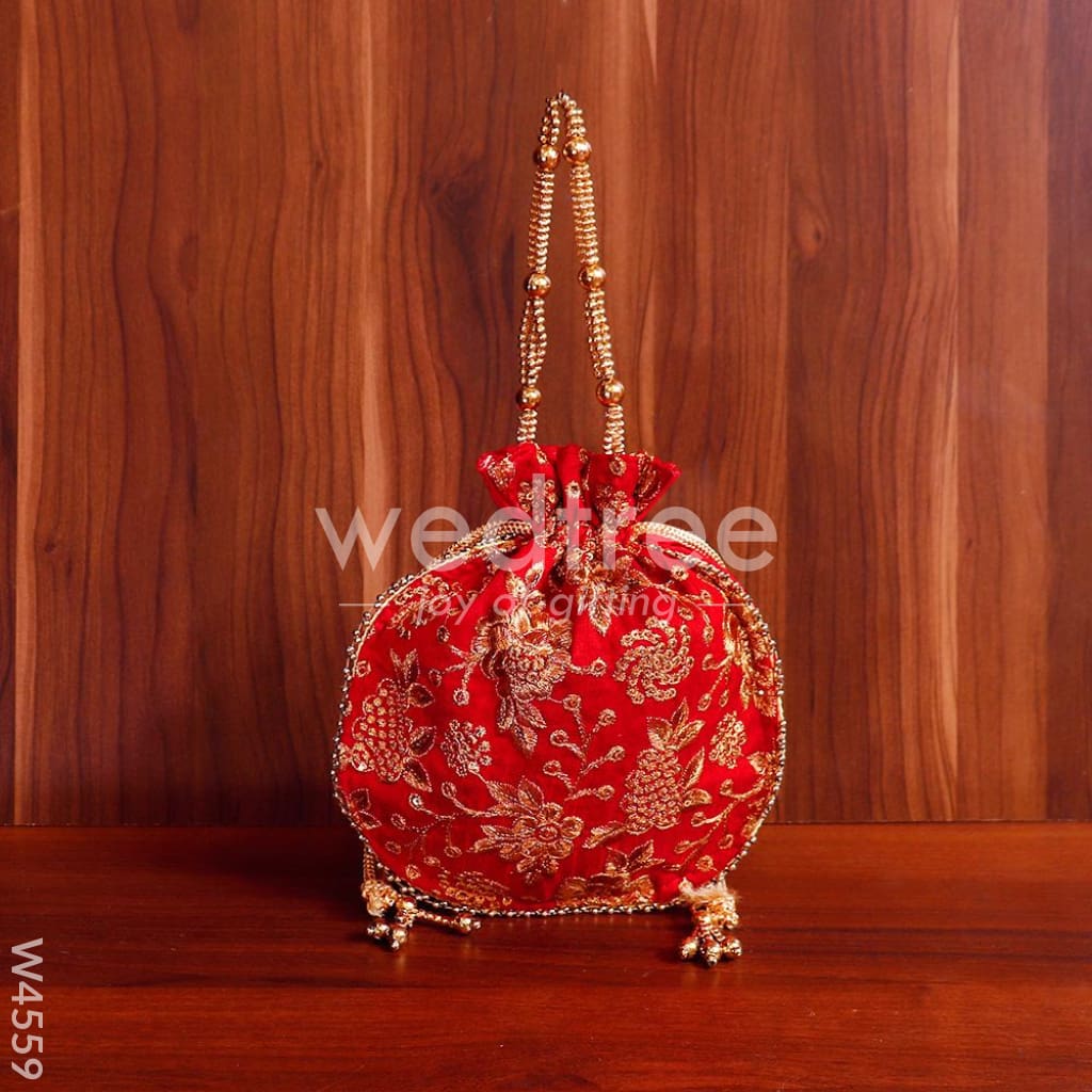Potli bag raw silk with golden thread embroidery - W4559