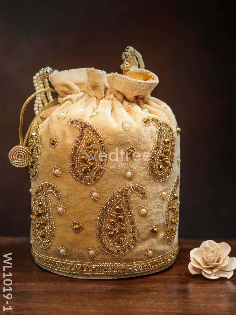 Potli Bag with Mango Design and beaded Crystal work - Cream Colour - WL1019-1