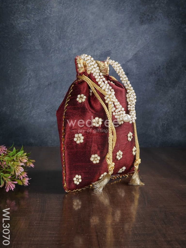 Potli Bag with Pearl Handle and Golden Drawstring - WL3070