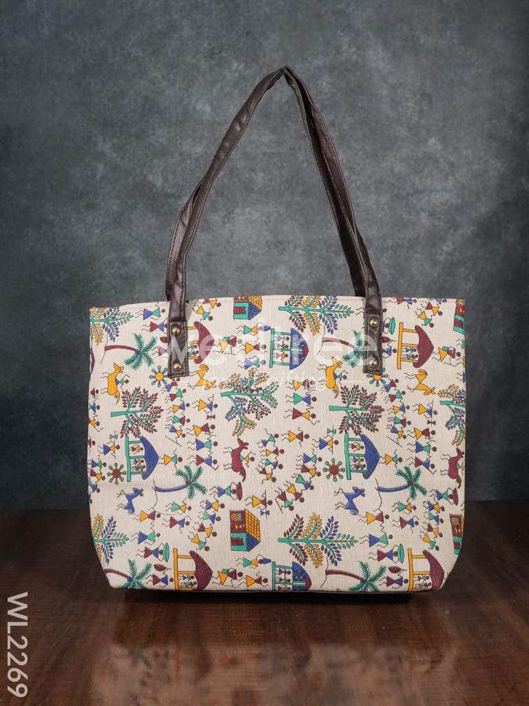 Printed Fabric Handbag - Leather Base - WL2269