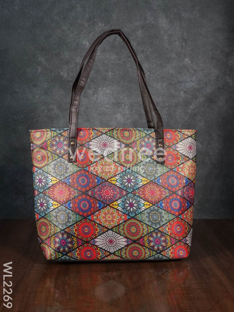 Printed Fabric Handbag - Leather Base - WL2269