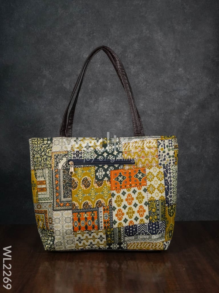Printed Fabric Handbag - Leather Base - WL2269
