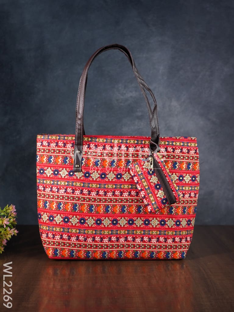 Printed Fabric Handbag - Leather Base - WL2269
