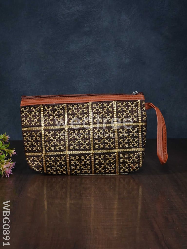 Purse with Golden Embroidery and Faux Leather Handle - WBG0891