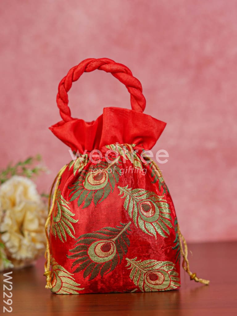 Raw Silk Potli Bag with Peacock Feather Embroidery - W2292