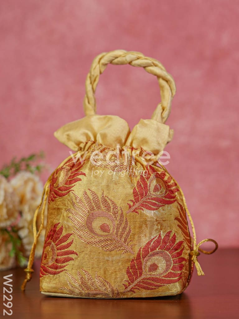 Raw Silk Potli Bag with Peacock Feather Embroidery - W2292