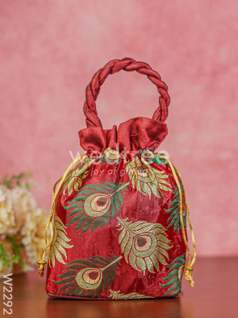 Raw Silk Potli Bag with Peacock Feather Embroidery - W2292