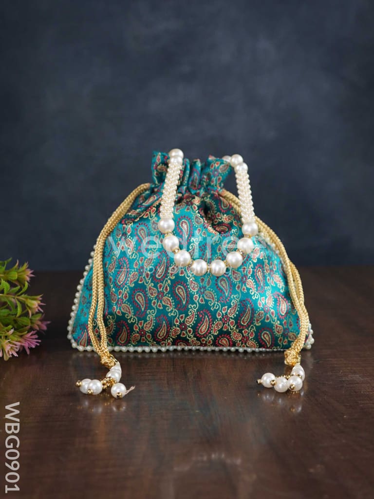 Raw Silk Potli Bag with Pearl Handle and Drawstring - WBG0901