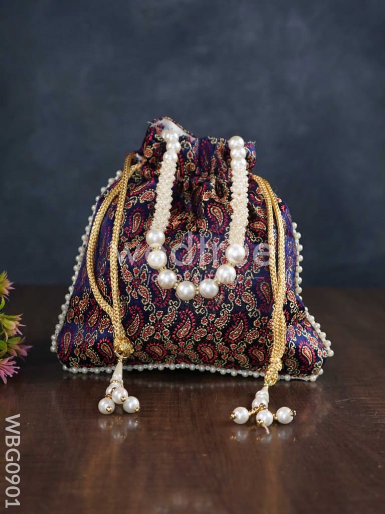 Raw Silk Potli Bag with Pearl Handle and Drawstring - WBG0901