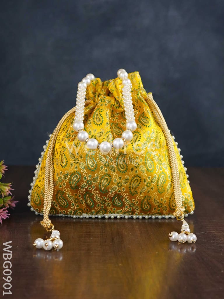 Raw Silk Potli Bag with Pearl Handle and Drawstring - WBG0901