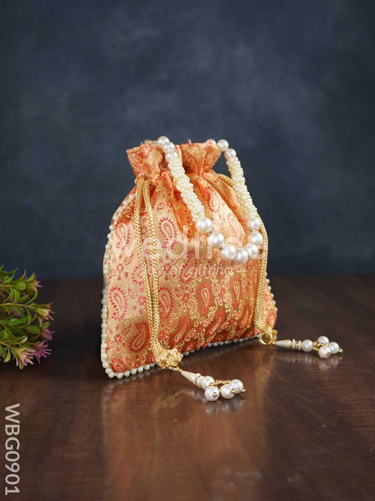 Raw Silk Potli Bag with Pearl Handle and Drawstring - WBG0901