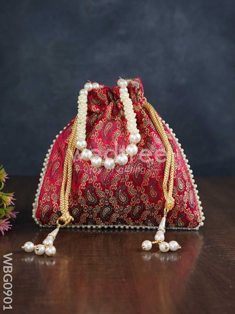Raw Silk Potli Bag with Pearl Handle and Drawstring - WBG0901