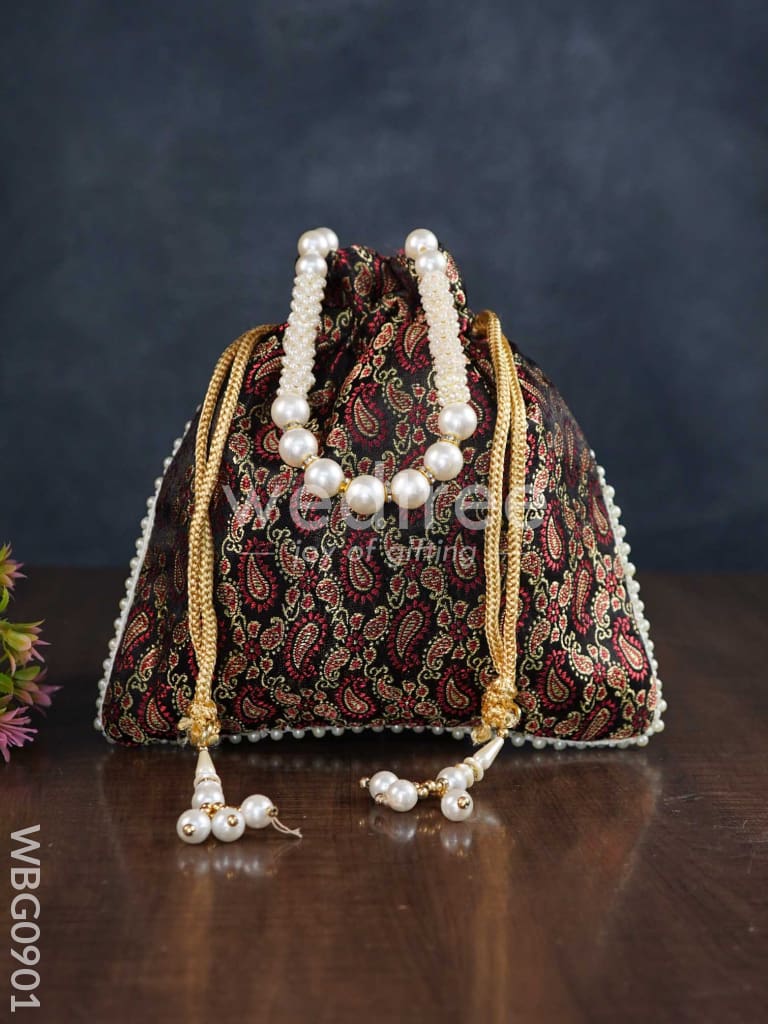 Raw Silk Potli Bag with Pearl Handle and Drawstring - WBG0901
