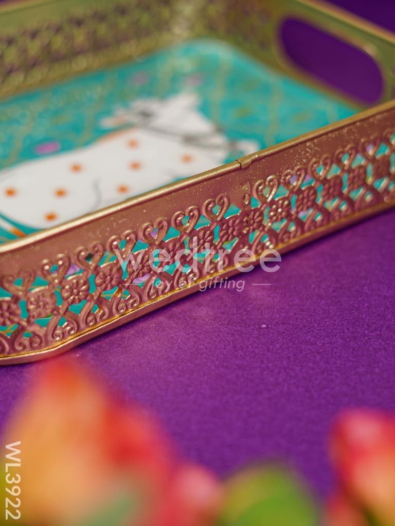 Rectangular Brass Tray with Pichwai Design - Green - WL3922